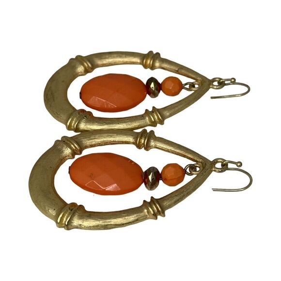 Gold-Tone Coral Orange Large Teardrop Dangle Earrings Statement - Picture 5 of 9